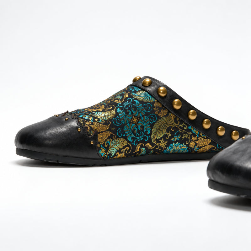 Side view of black Song Brocade mule shoes with Ancient Leaf pattern and elegant open-back design.