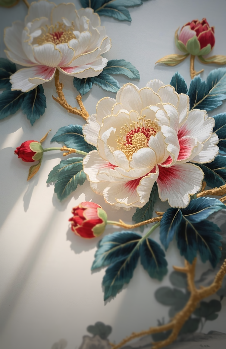 Blooming Threads floral embroidery collection with peonies and gold thread.