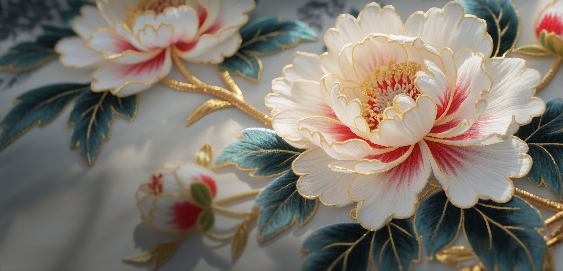 Blooming Threads floral embroidery collection with peonies and gold thread
