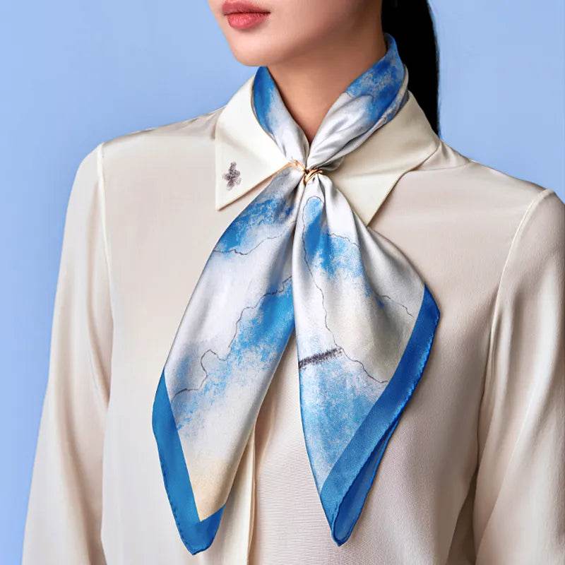 100% Mulberry Silk Watercolor Misty Lotus Square Scarf 70 x 70 Cm - SinoCultural -- SS023-1