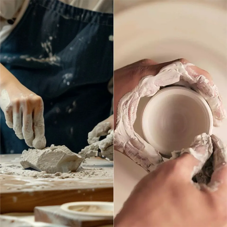 Artisan shaping clay for bone china—first stage of handmade production.