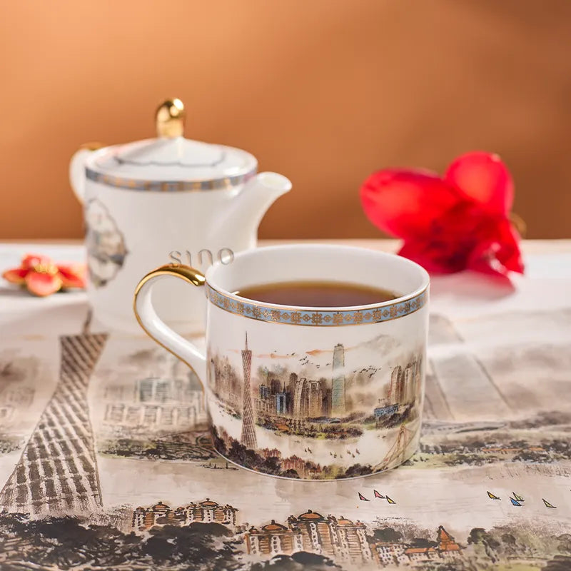 Bone china mug with tea in Pearl River Skyline design.