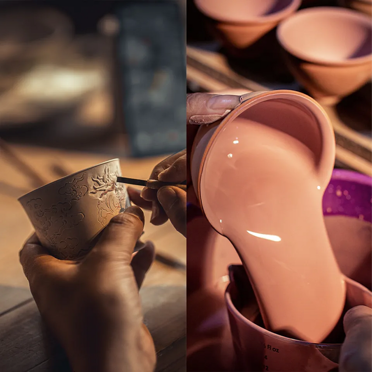 Artisan glazing and decorating bone china—second stage of handmade production.