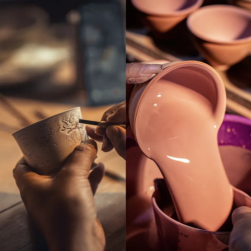 Artisan glazing and decorating bone china—second stage of handmade production.