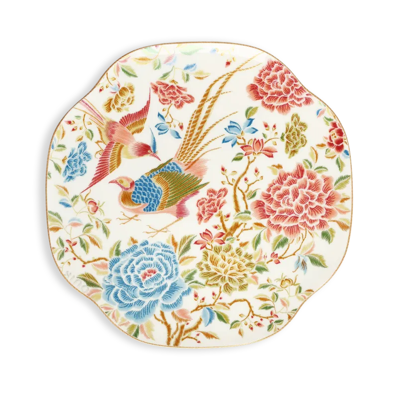 White square bone china dinner plate with floral and bird design.