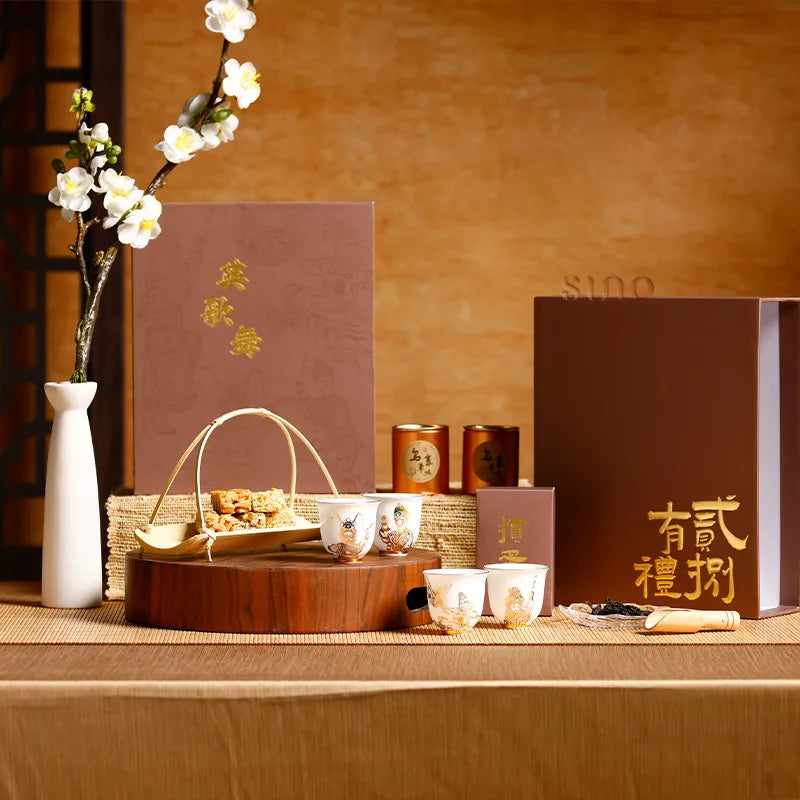 Bone china tea cup gift box with Chinese tea cups, tea canisters, and poker in Chaoshan Yingge Heroes design.