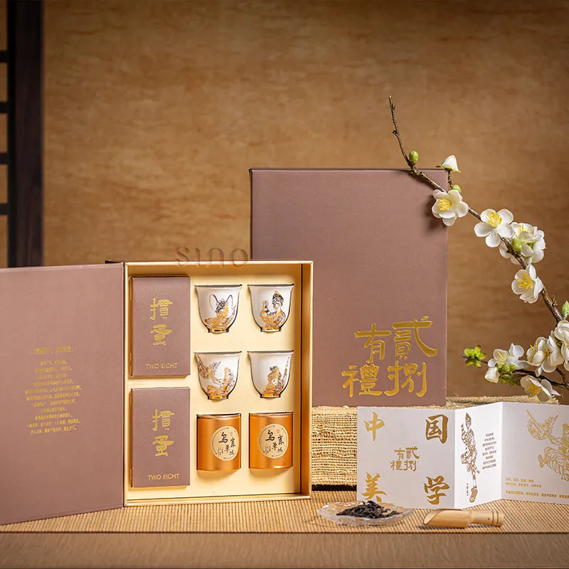Bone China Tea Cup Gift Box with tea and poker in Chaoshan Yingge Heroes design.