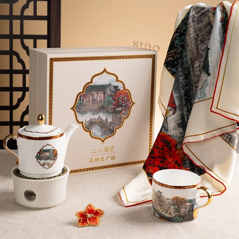 Bone China Tea Set Gift Box with silk scarf and kapok flower brooch in Liwan Lake Vista design.