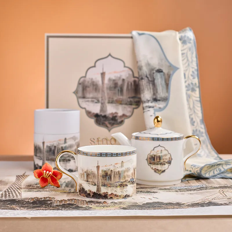 Bone China Tea Set Small Gift Box with silk scarf and kapok flower brooch in Pearl River Skyline design.