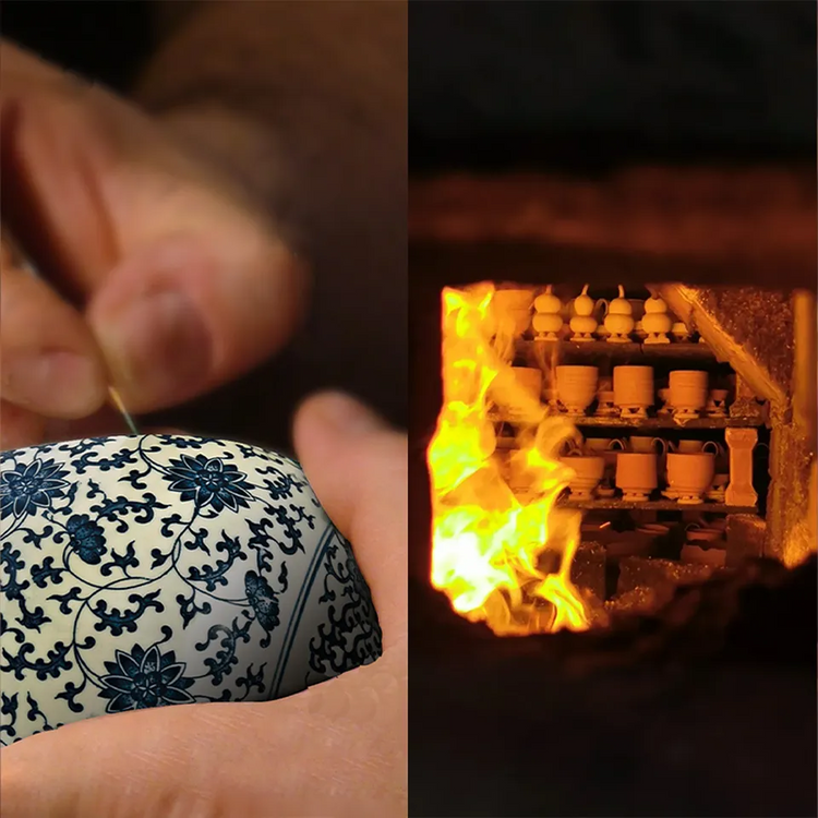 Artisan firing bone china in 1350°C kiln—third stage of handmade production.