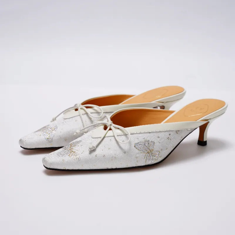 Luxury Song Brocade Butterfly Reverie kitten heel mules for women displayed from multiple angles with traditional Chinese craftsmanship.