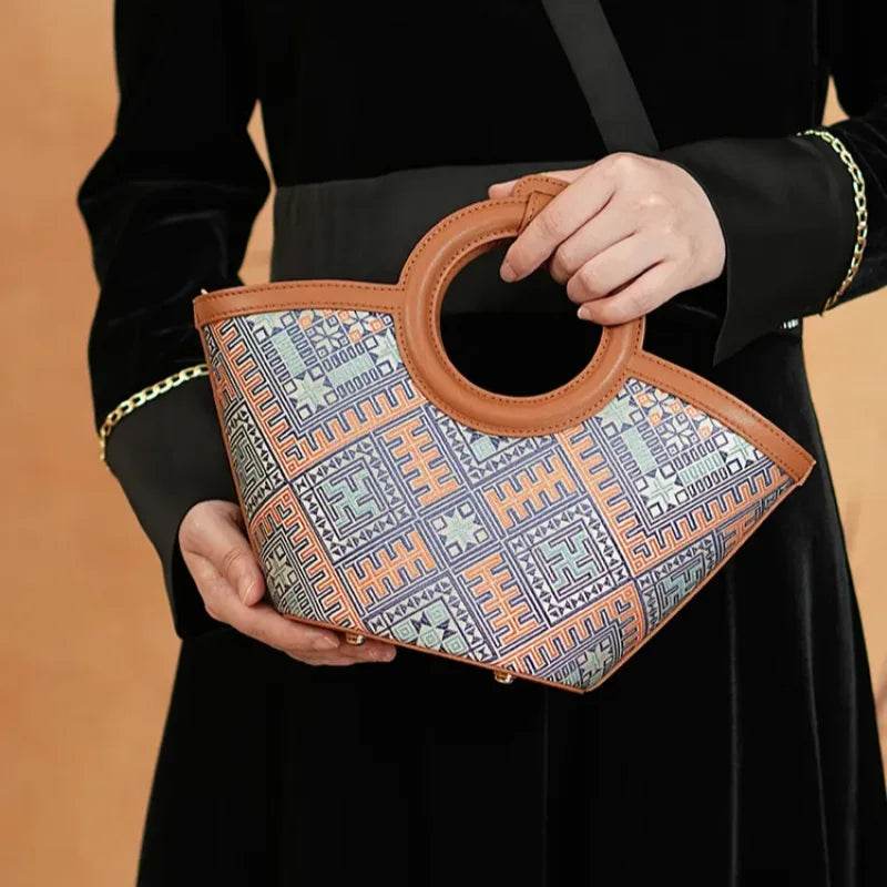 Zhuang Brocade Handicraft Unique Crossbody Basket Bag - SinoCultural -- FJ120001-2 - 