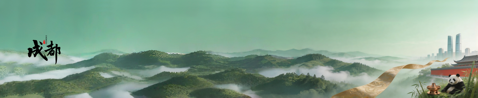 Chengdu travel guide 2026 banner featuring Sichuan mountains, panda, city skyline and Shu brocade cultural imagery.