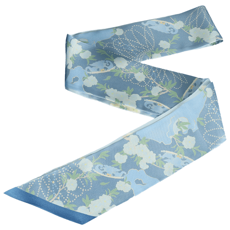 Chinese Blooming Peony Print Mulberry Silk Twilly 155x7.3 cm in blue with delicate floral motifs and contrasting blue ends.