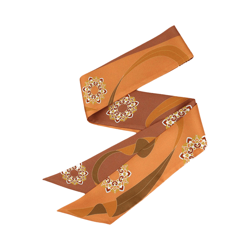 Chinese Dunhuang Motif Print Mulberry Silk Twilly 160x7.3 cm in an orange and brown flat styling with Dunhuang-inspired motif details.