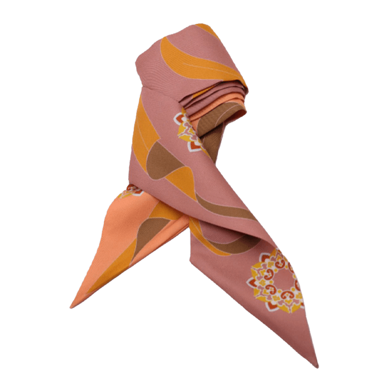 Chinese Dunhuang Motif Print Mulberry Silk Twilly 160x7.3 cm folded into a decorative display showing its flowing orange motif design.