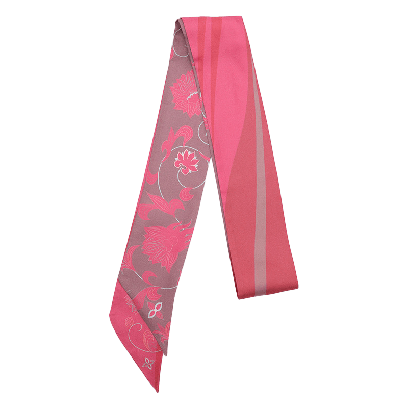 Chinese Dunhuang Motif Print Mulberry Silk Twilly 160x7.3 cm in a flat display, featuring pink lotus-inspired floral motifs.