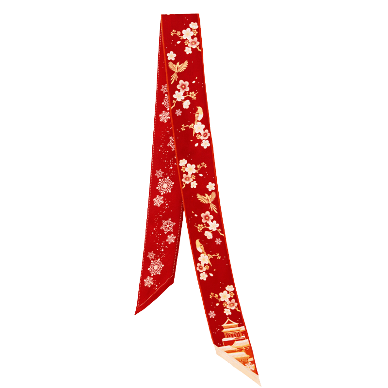 Chinese Forbidden City Snowfall & Magpie Print Mulberry Silk Twilly in red with plum blossoms, snowflakes, magpies and palace motifs.