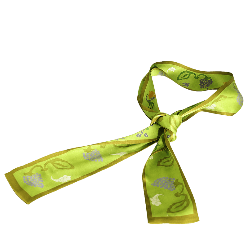 Knotted view of the Chinese Grape Vine Print Mulberry Silk Twilly in green, showing its elegant drape and botanical print.