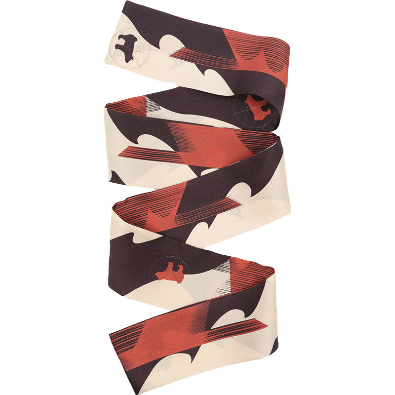 Chinese Han Dynasty Painted Pottery Motif mulberry silk twilly scarf, 116.5 x 7 cm, main product view with cream, black and rust geometric pattern.