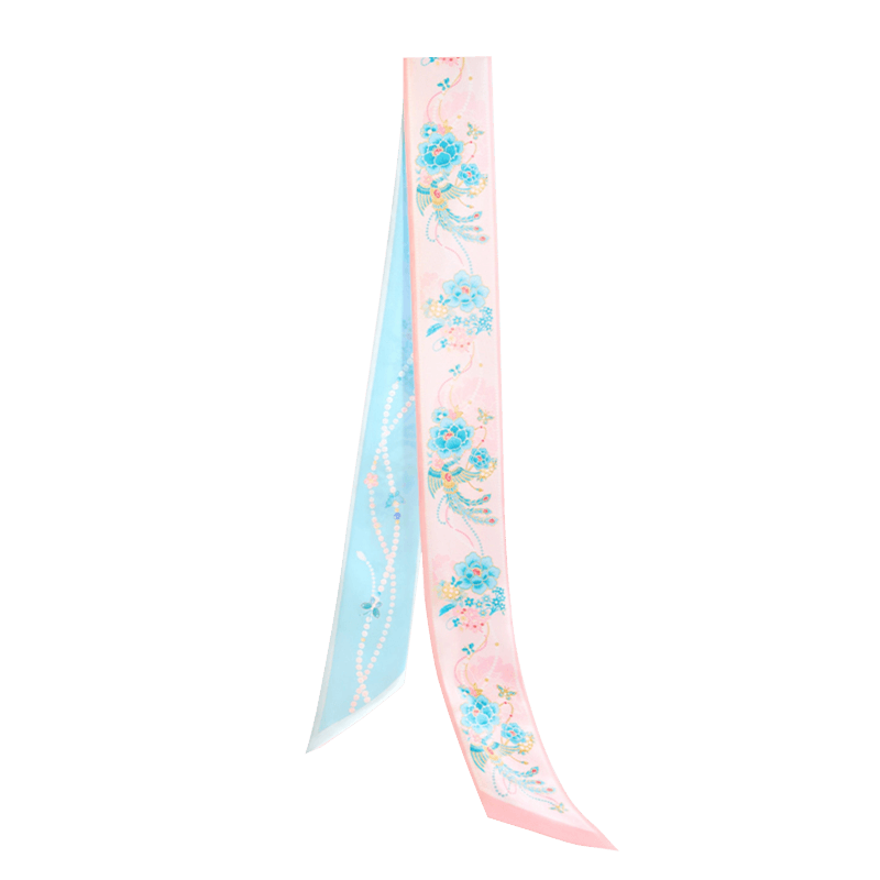 Chinese Jeweled Phoenix & Peony Print Mulberry Silk Twilly 120x6.8 cm in pink and blue with floral and jeweled motifs.