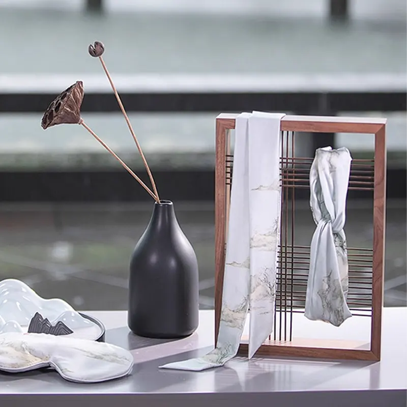 Chinese Misty Landscape Print Mulberry Silk Twilly displayed with an elegant Chinese-inspired decor setting.