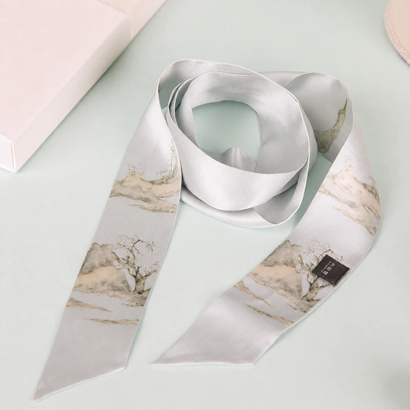 Chinese Misty Landscape Mulberry Silk Twilly with soft gray ink-wash scenery and pointed ends.