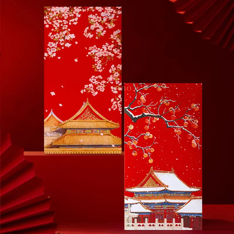 Two traditional Chinese New Year red envelopes featuring golden palace rooftops, delicate pink blossoms, snowy branches, and auspicious persimmon motifs.