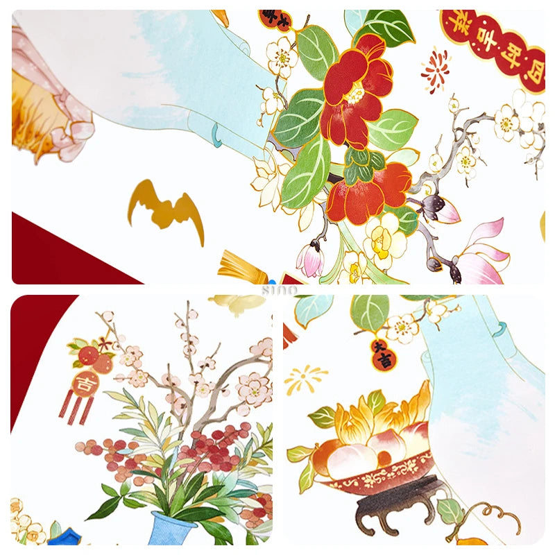 Close-up of Chinese New Year window clings featuring red camellias, green leaves, a light blue porcelain vase, and traditional auspicious motifs.