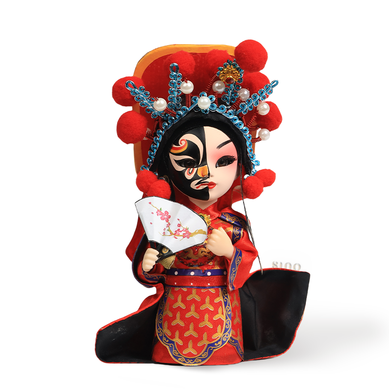 Front view of 6-inch vintage Chinese opera doll in red silk robe, performing face-changing art with floral crown.