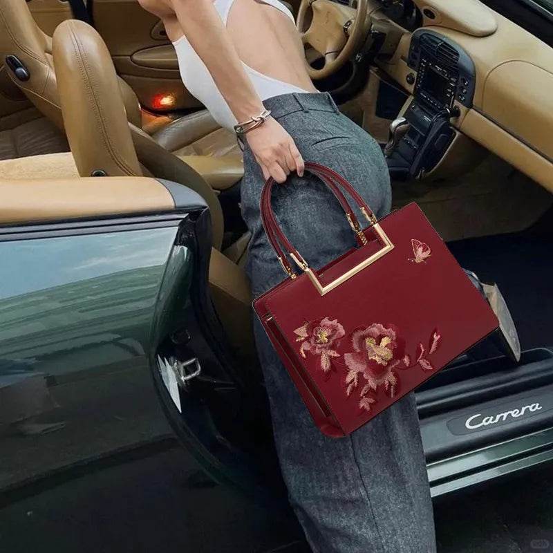 Embroidery Leather Peony Tote Bag Chinese Style Luxury Handbag - SinoCultural -- SC1603-2