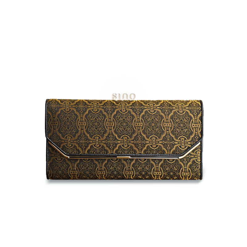 Front view of the Chinese Song Brocade Dingsheng Motif Leather Long Wallet featuring an elegant black and gold brocade pattern with metal trim.