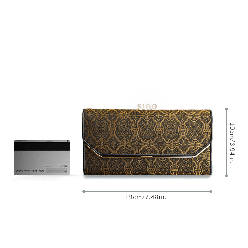 Size reference of the Chinese Song Brocade Dingsheng Motif Leather Long Wallet beside a bank card, measuring approximately 19 × 10 cm.