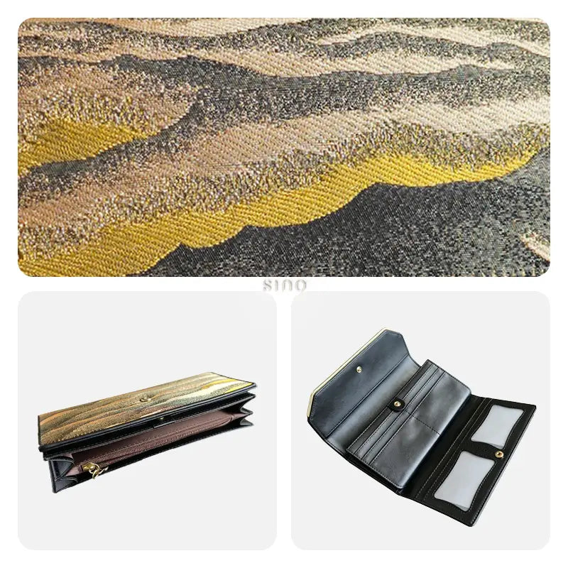 Detail and interior views of the Song Brocade women’s long wallet with card slots, cash compartments, and a zip coin purse.