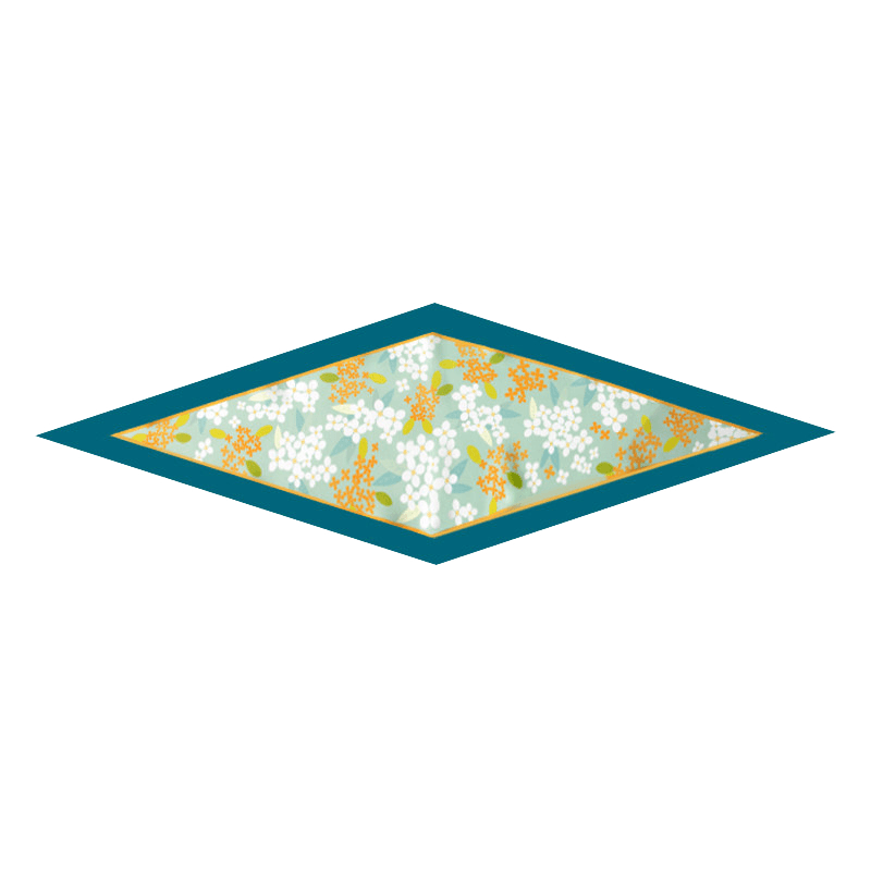 Chinese Verdant Garden Print Mulberry Silk Diamond Scarf 120x32 cm in a flat display with fresh floral motifs and teal border.