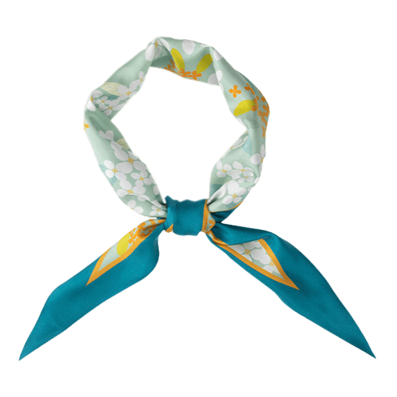 Chinese Verdant Garden Print Mulberry Silk Diamond Scarf 120x32 cm styled in a tied shape showing its elegant drape and floral print.