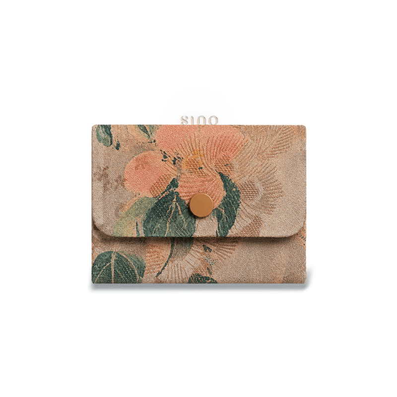 Front view of the Chinese Xiangyunsha Silk Camel Floral Snap Card Holder Wallet featuring a soft camel-toned floral pattern and secure snap closure.