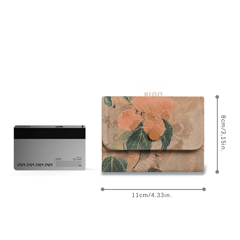 Size reference of the Chinese Xiangyunsha silk camel floral card holder wallet beside a bank card, measuring approximately 11 × 8 cm.