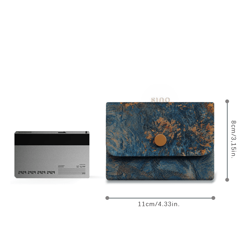 Size reference of the Chinese Xiangyunsha silk deep blue card holder wallet beside a bank card, measuring approximately 11 × 8 cm.