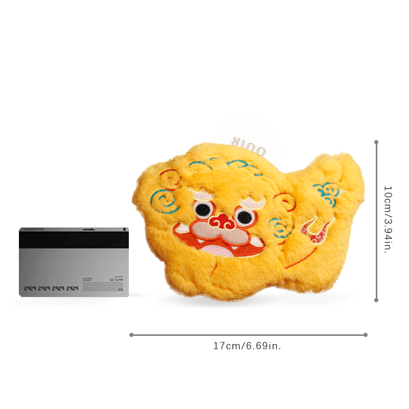 Size reference image of the Chinoiserie Auspicious Lion Plush Mini Crossbody Coin Purse - Chinese New Year Gift, showing a compact lion-shaped plush coin purse measuring approximately 17 x 10 cm.
