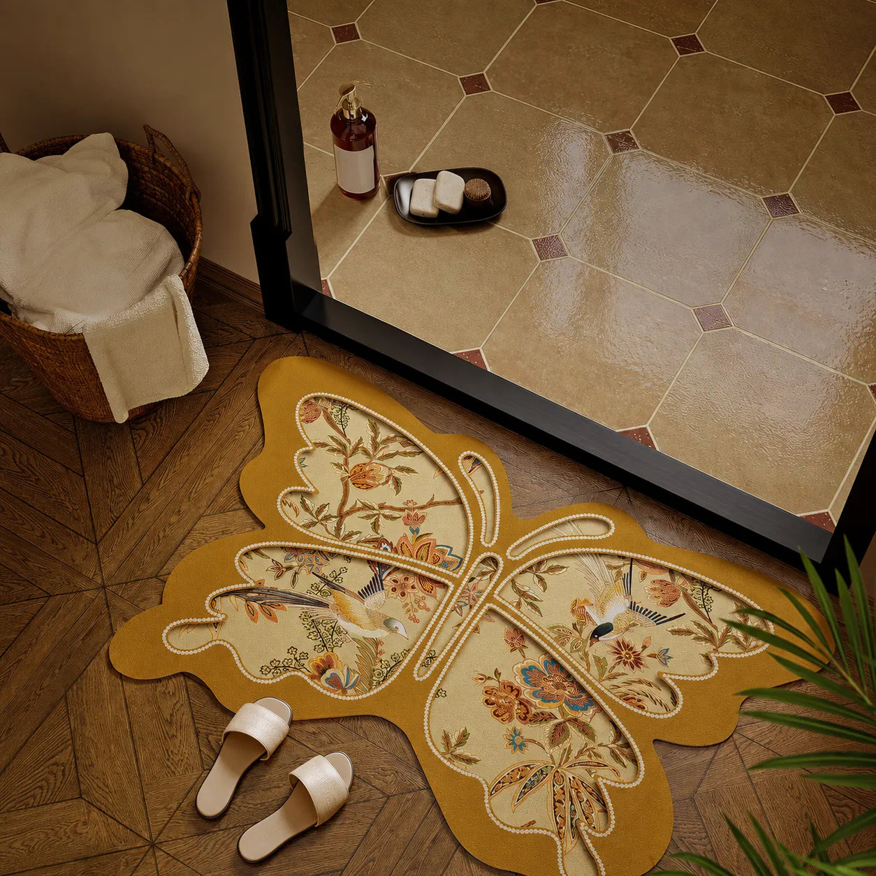 Chinoiserie butterfly bathroom rug styled beside the shower, a non-slip absorbent bath mat for autumn home refresh and elegant bathroom decor.