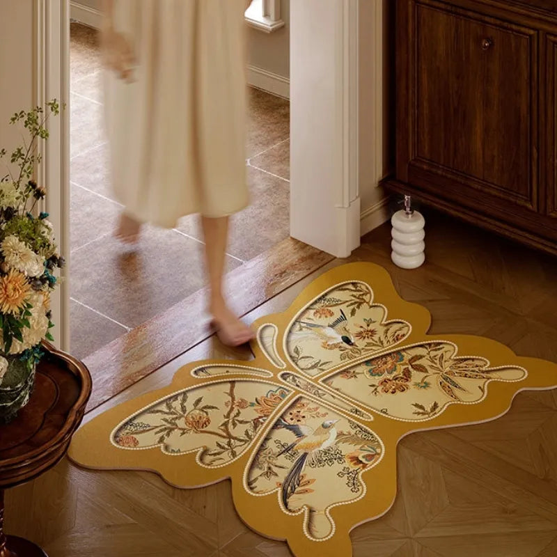 Autumn Splendor butterfly-shaped non-slip bathroom rug placed at the doorway, combining absorbent comfort with decorative Chinoiserie style.