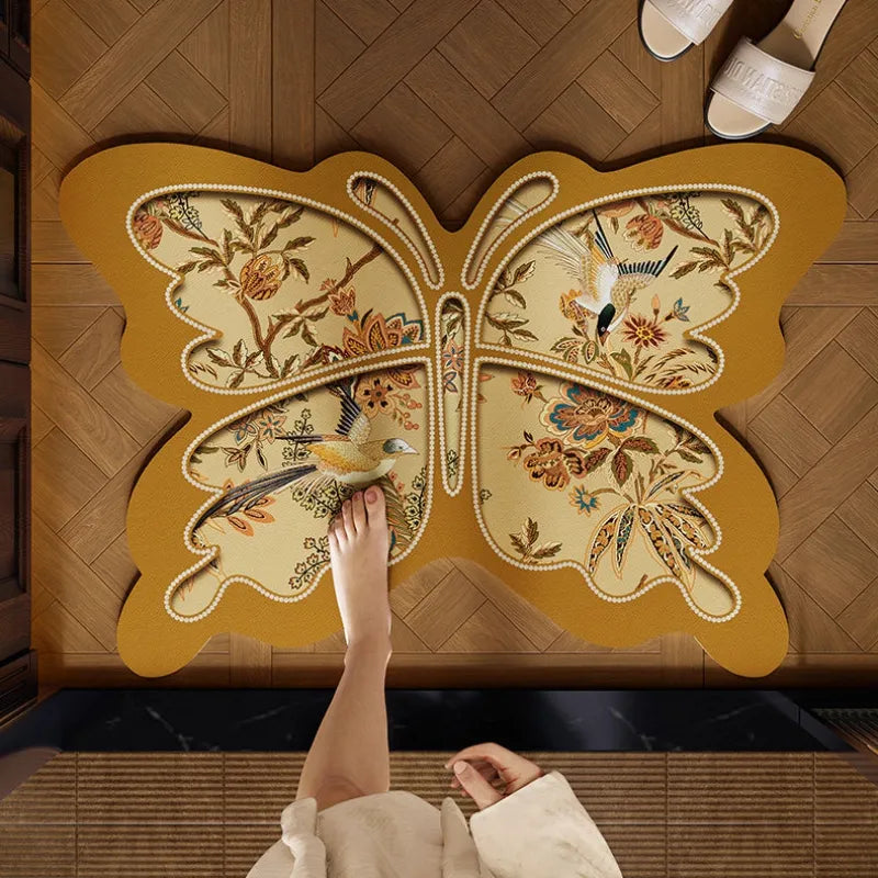Top view of a butterfly-shaped Chinoiserie bathroom rug with non-slip backing, absorbent surface, and elegant bird-and-floral pattern for bathroom decor.