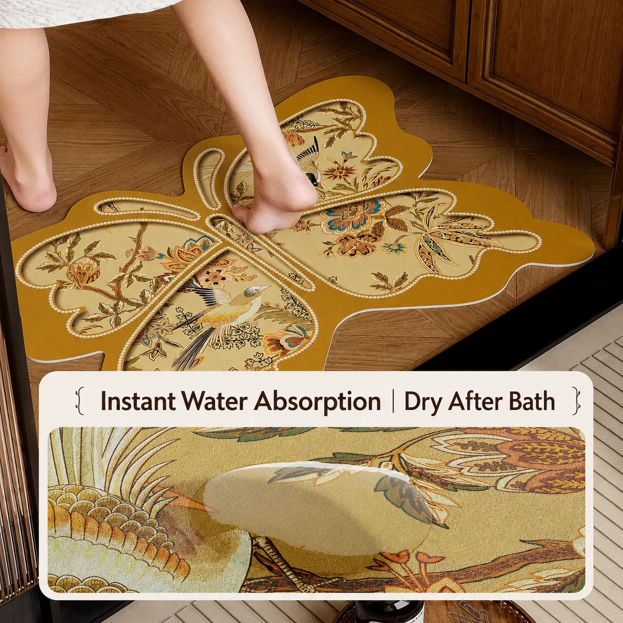 Absorbent butterfly-shaped bath mat with instant water absorption and quick-dry performance, ideal for non-slip bathroom safety and fall home decor.