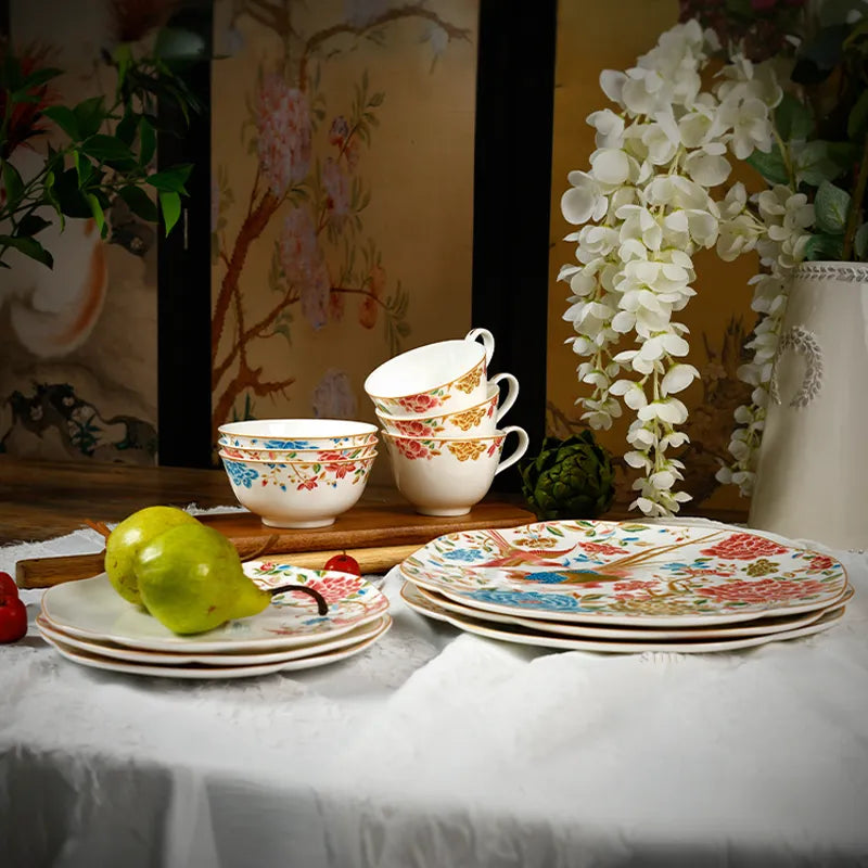 Front view of 12-piece Chinoiserie bone china square plate set with floral & bird design.