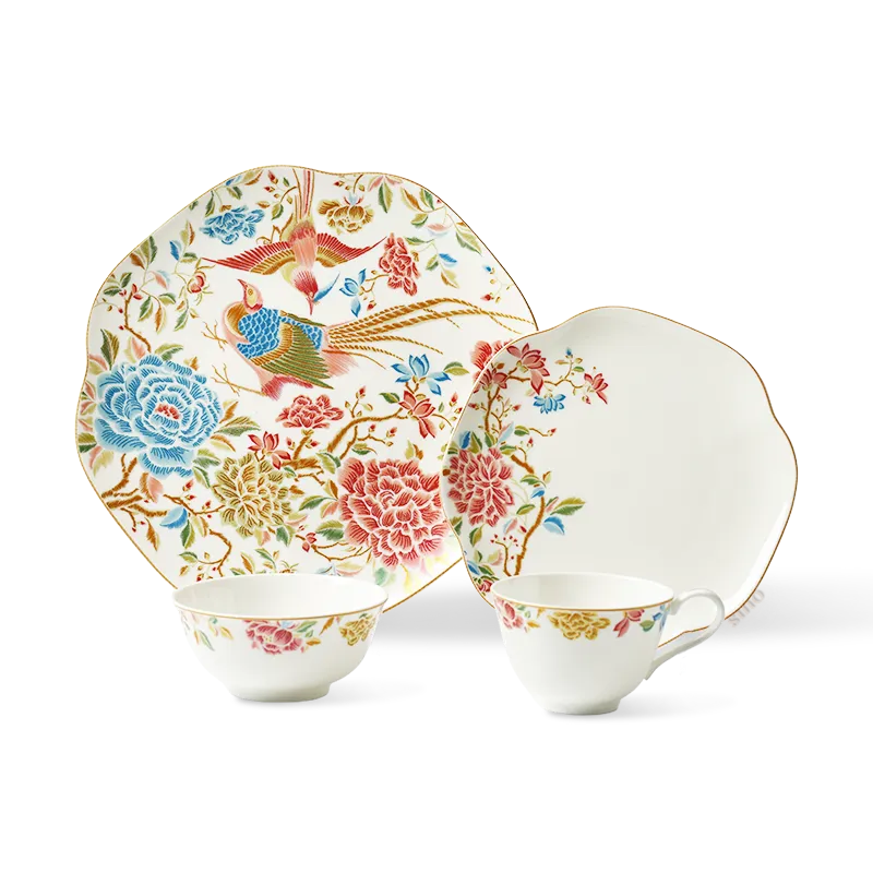 4-piece Chinoiserie bone china set: 11" square plate, 8" square plate, 4.75" bowl, 180ml teacup with floral & bird design.