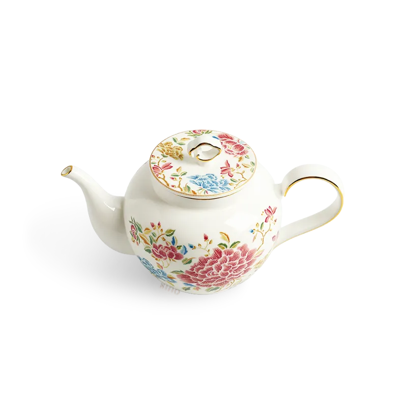 Angled top view of 420ml chinoiserie bone china teapot with floral design.