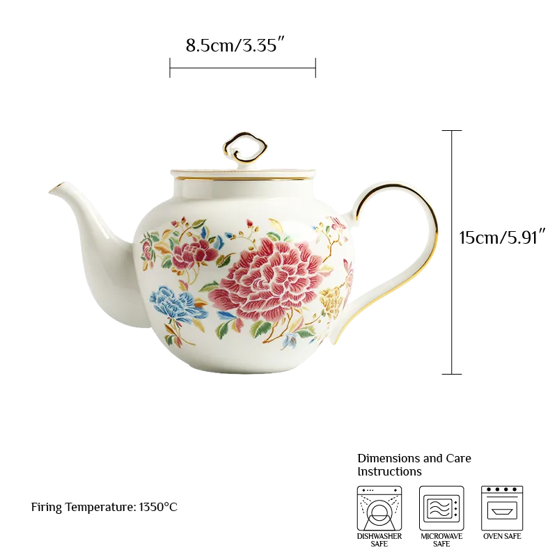 Dimensions of 420ml chinoiserie bone china teapot: 24.5cm (length) x 8.5cm (width) x 15cm (height).