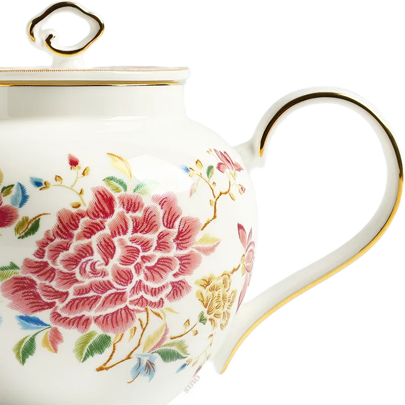 Detail of 420ml chinoiserie teapot half body with floral embroidery and button handle.