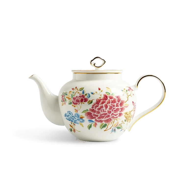Main image of 420ml chinoiserie bone china teapot with button handle and floral embroidery design.